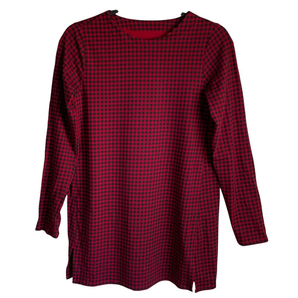 J. Jill Luxe Supima Forward Seam Tunic Top Sz XS Red Black Check Long Sleeves